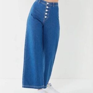 BDG Super Wide Leg Exposed Button Fly Cropped High Waisted Flare Jeans in Blue